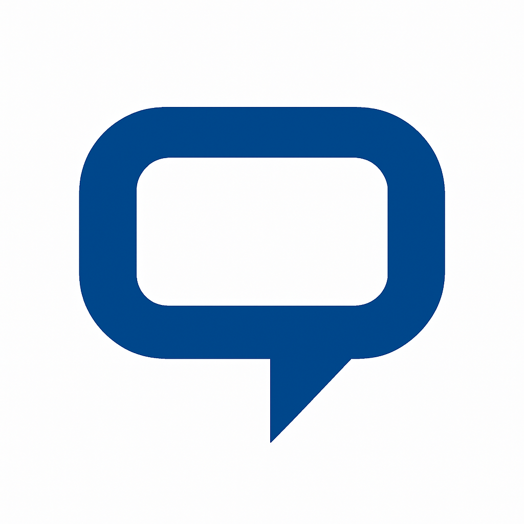 Blue stylized speech bubble icon with rounded corners on a white background.